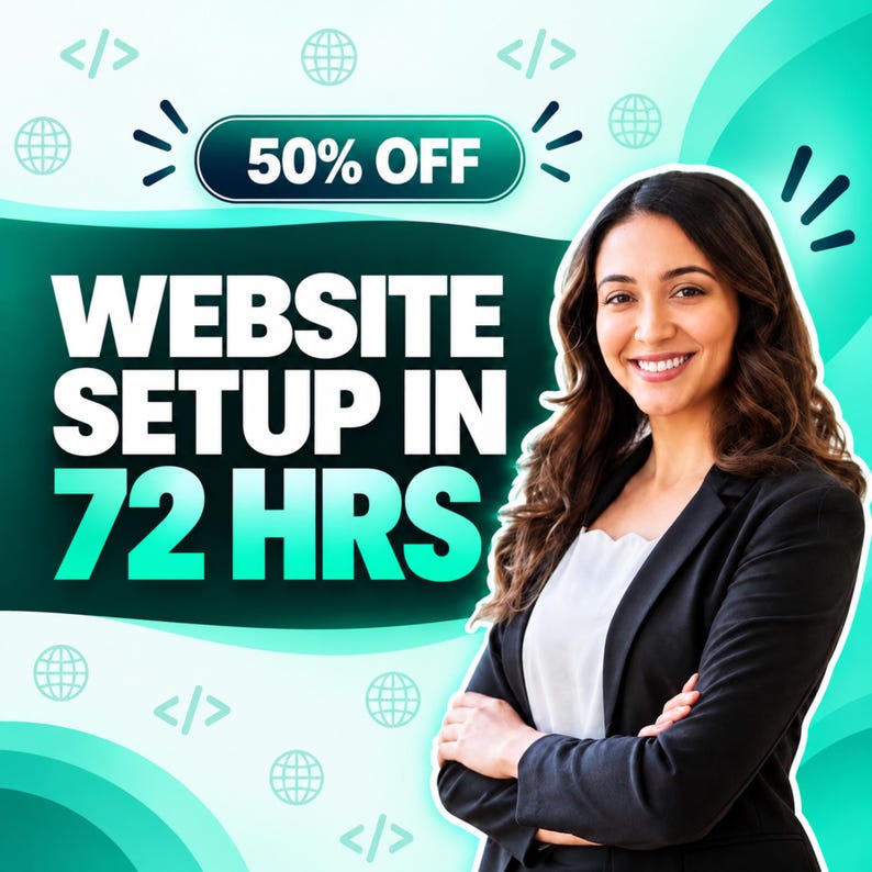 Może przedstawiać: Grafika promocyjna przedstawiająca uśmiechniętą osobę w czarnej marynarce z białym napisem 50% OFF WEBSITE SETUP IN 72 HRS. Tło stanowi gradient w kolorze morskim i białym z małymi ikonami globus&oacute;w oraz nawias&oacute;w kodowych.