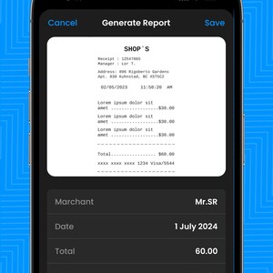 May include: A smartphone screen displaying a report generation interface with a receipt preview at the top. The receipt shows SHOP'S, a date of 02/05/2023, and line items. Below, input fields show Marchant Mr.SR, Date 1 July 2024, Total 60.00, Category, Currency, and a Write A Description field.