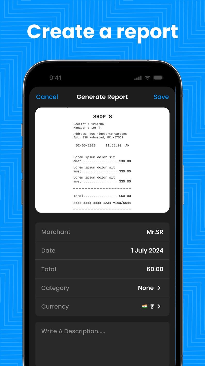 May include: A smartphone screen displaying a report generation interface with a receipt preview at the top. The receipt shows SHOP'S, a date of 02/05/2023, and line items. Below, input fields show Marchant Mr.SR, Date 1 July 2024, Total 60.00, Category, Currency, and a Write A Description field.