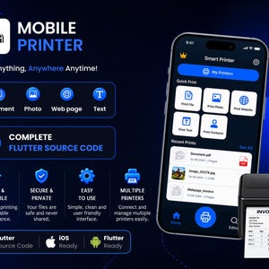 以下が含まれることがあります： スマートフォン画面に表示されたモバイルプリンターのソフトウェアインターフェースと、請求書を印刷する小型の黒いサーマルプリンター。画面には、ドキュメント、写真、ウェブページの印刷など、アプリの機能が表示されています。
