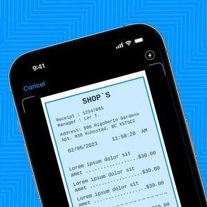 May include: A smartphone displaying a receipt scanning application with the text The Fastest Receipt Scanner at the top. The screen shows a digital receipt for SHOP'S with items listed as Lorem ipsum dolor sit, a total of $60.00, and a barcode at the bottom.