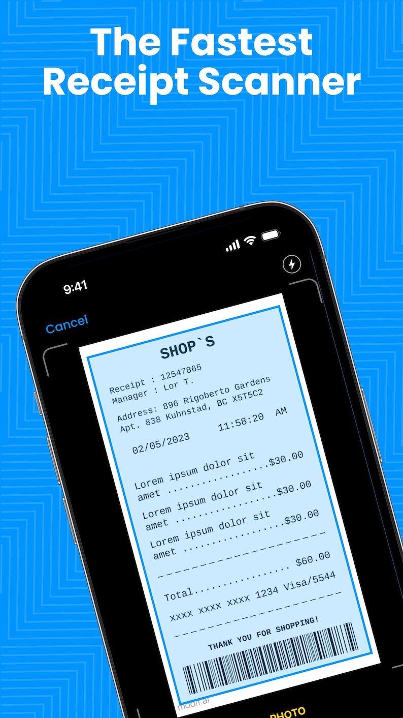 May include: A smartphone displaying a receipt scanning application with the text The Fastest Receipt Scanner at the top. The screen shows a digital receipt for SHOP'S with items listed as Lorem ipsum dolor sit, a total of $60.00, and a barcode at the bottom.