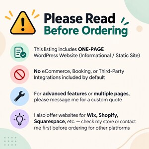 Może przedstawiać: Grafika informacyjna z tytułem Please Read Before Ordering. Wyjaśnia, że oferta obejmuje jednostronicową witrynę WordPress, wyklucza e-commerce lub integracje z zewnętrznymi systemami oraz wspomina o wycenach indywidualnych dla zaawansowanych funkcji.
