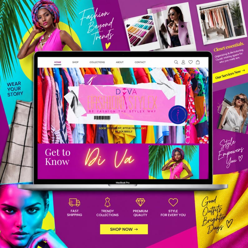 Może przedstawiać: Ekran laptopa wyświetlający żywą stronę e-commerce dla Diva Fashion Stylex. Interfejs zawiera kolorowy wieszak na ubrania, tekst promocyjny, menu nawigacyjne oraz ikony usług na jasnym fioletowym i ż&oacute;łtym tle.