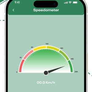 Puede incluir: Una pantalla de smartphone que muestra una aplicaci&oacute;n de veloc&iacute;metro con el texto TRACK YOUR SPEED LIVE y REAL-TIME SPEED MONITORING. La interfaz presenta un indicador verde con una aguja, mostrando 00.0 Km/h, Average Speed 25.0 Km/h y Maximum Speed 25.0 Km/h.
