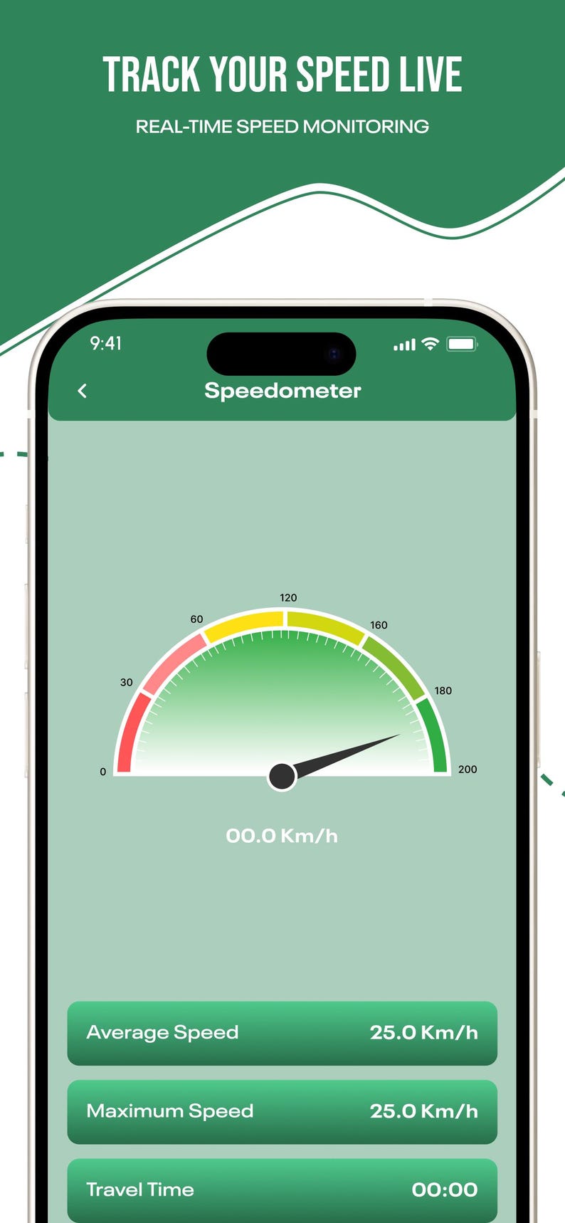 Puede incluir: Una pantalla de smartphone que muestra una aplicaci&oacute;n de veloc&iacute;metro con el texto TRACK YOUR SPEED LIVE y REAL-TIME SPEED MONITORING. La interfaz presenta un indicador verde con una aguja, mostrando 00.0 Km/h, Average Speed 25.0 Km/h y Maximum Speed 25.0 Km/h.