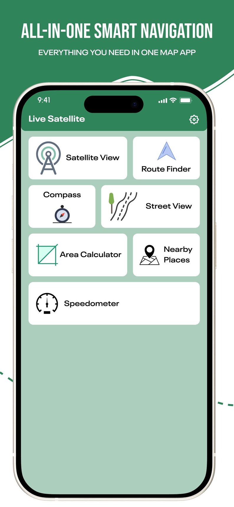 Puede incluir: Un tel&eacute;fono inteligente que muestra una interfaz de aplicaci&oacute;n de navegaci&oacute;n con el texto ALL-IN-ONE SMART NAVIGATION y EVERYTHING YOU NEED IN ONE MAP APP. La pantalla muestra iconos y etiquetas para Satellite View, Route Finder, Compass, Street View, Area Calculator, Nearby Places y Speedometer.