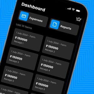 May include: A smartphone screen displaying a financial management application dashboard with the title Manage Expenses. The interface features dark mode cards listing ten farm expense items dated 1 July 2024, each showing a value of 150000 rupees.