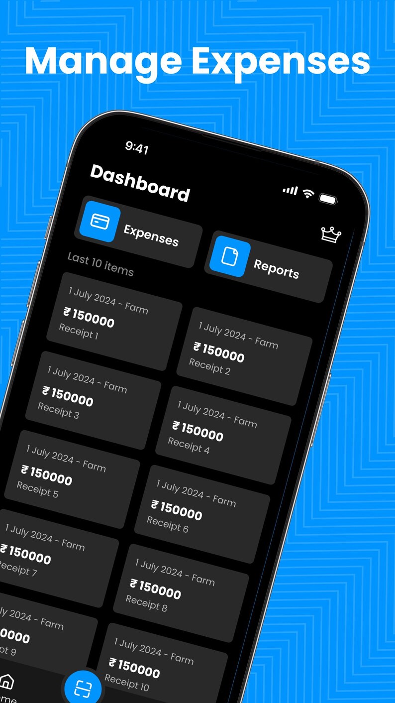 May include: A smartphone screen displaying a financial management application dashboard with the title Manage Expenses. The interface features dark mode cards listing ten farm expense items dated 1 July 2024, each showing a value of 150000 rupees.