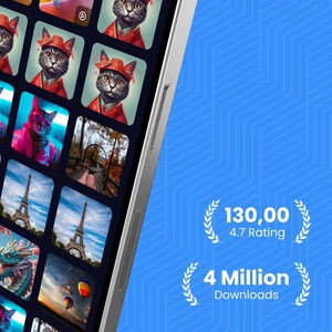 May include: A smartphone displaying a photo gallery app titled Folder 1 with various images of cats, landscapes, and hot air balloons. Text on the screen reads 130,00 4.7 Rating, 4 Million Downloads, Turn On The Shield, and Reliable way to save your Privacy.