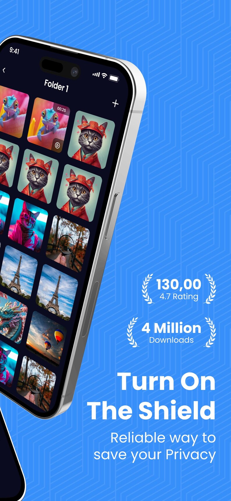 May include: A smartphone displaying a photo gallery app titled Folder 1 with various images of cats, landscapes, and hot air balloons. Text on the screen reads 130,00 4.7 Rating, 4 Million Downloads, Turn On The Shield, and Reliable way to save your Privacy.
