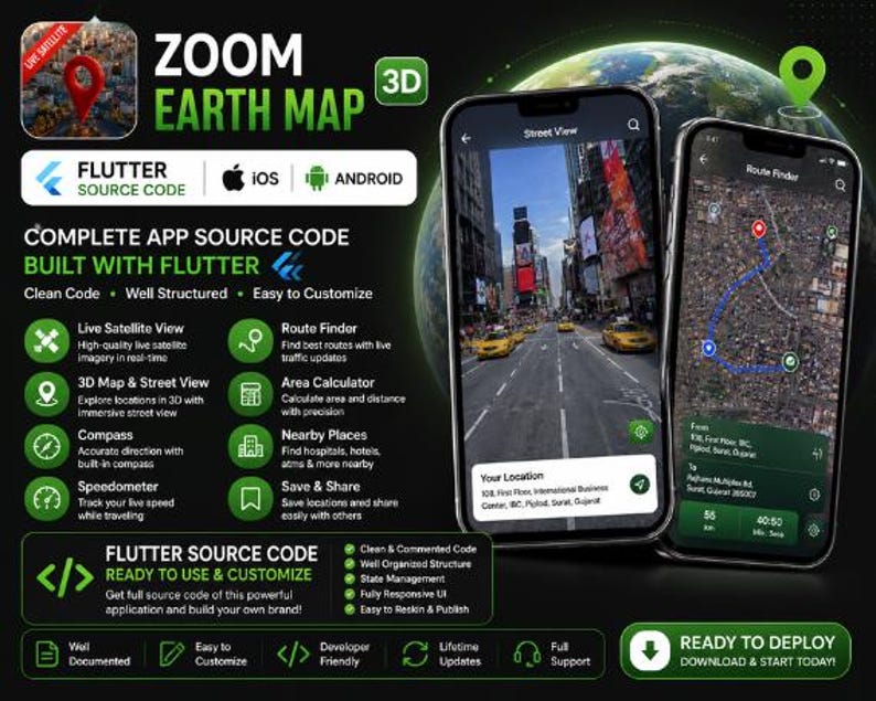 Puede incluir: Un gr&aacute;fico promocional para el c&oacute;digo fuente de la aplicaci&oacute;n Zoom Earth Map 3D, con dos tel&eacute;fonos inteligentes que muestran interfaces de vista de calle y buscador de rutas, rodeados de iconos verdes y texto que detalla las funciones.