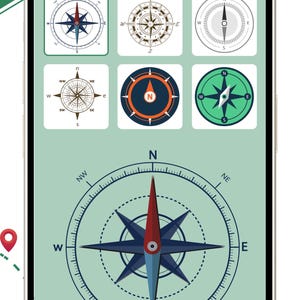 Puede incluir: Una pantalla de smartphone que muestra una aplicaci&oacute;n de br&uacute;jula digital con el texto ACCURATE DIGITAL COMPASS y ALWAYS KNOW YOUR DIRECTION. La interfaz presenta una cuadr&iacute;cula de seis iconos de br&uacute;jula y una gran rosa de los vientos N 336.29.