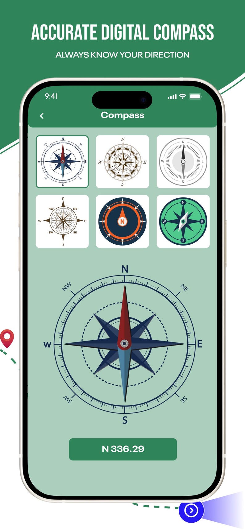 Puede incluir: Una pantalla de smartphone que muestra una aplicaci&oacute;n de br&uacute;jula digital con el texto ACCURATE DIGITAL COMPASS y ALWAYS KNOW YOUR DIRECTION. La interfaz presenta una cuadr&iacute;cula de seis iconos de br&uacute;jula y una gran rosa de los vientos N 336.29.