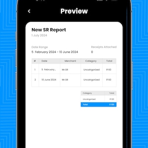 May include: A smartphone screen displaying a financial preview titled New SR Report. The interface shows a table with columns for date, merchant, category, and total, listing two entries for Mr. SR with a total sum of 120 at the bottom.