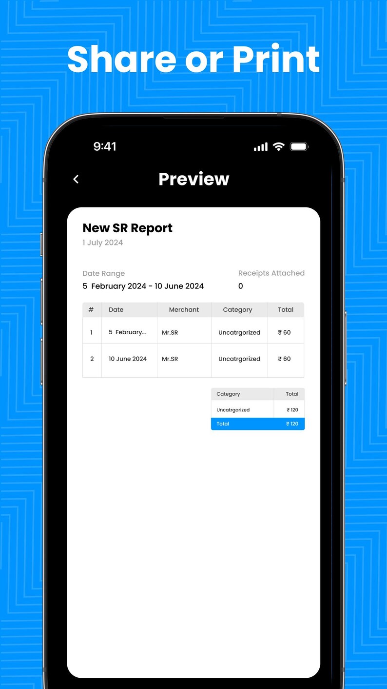May include: A smartphone screen displaying a financial preview titled New SR Report. The interface shows a table with columns for date, merchant, category, and total, listing two entries for Mr. SR with a total sum of 120 at the bottom.