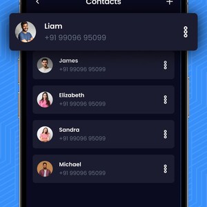 May include: A smartphone screen displaying a dark-themed contacts list application with the text Hide Private Contacts at the top. The interface shows a list of names including Liam, James, Elizabeth, Sandra, and Michael with phone numbers.