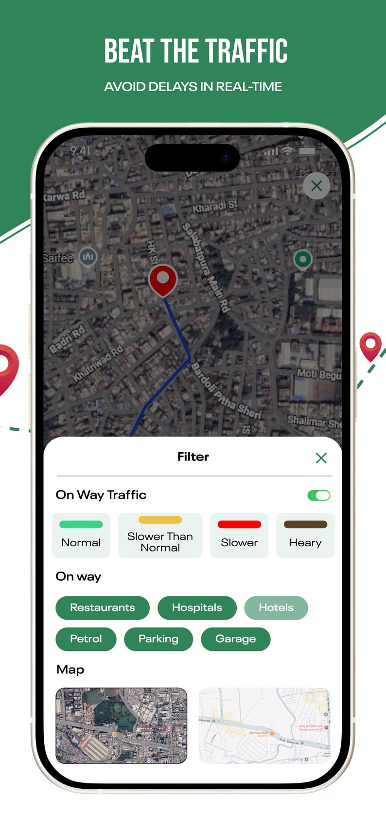 Puede incluir: Una pantalla de smartphone que muestra la interfaz de una aplicaci&oacute;n de navegaci&oacute;n con un mapa, nombres de calles y un pin de ubicaci&oacute;n rojo. Un men&uacute; de filtros ofrece opciones para condiciones de tr&aacute;fico, incluyendo normal, lento y denso.