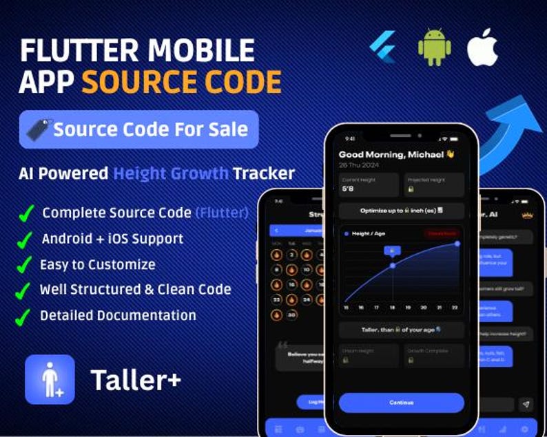 Taller+ Flutter App Source Code | Android iOS Mobile App Template | Height Tracker App | Dart Flutter Project | Mobile App Code image 1