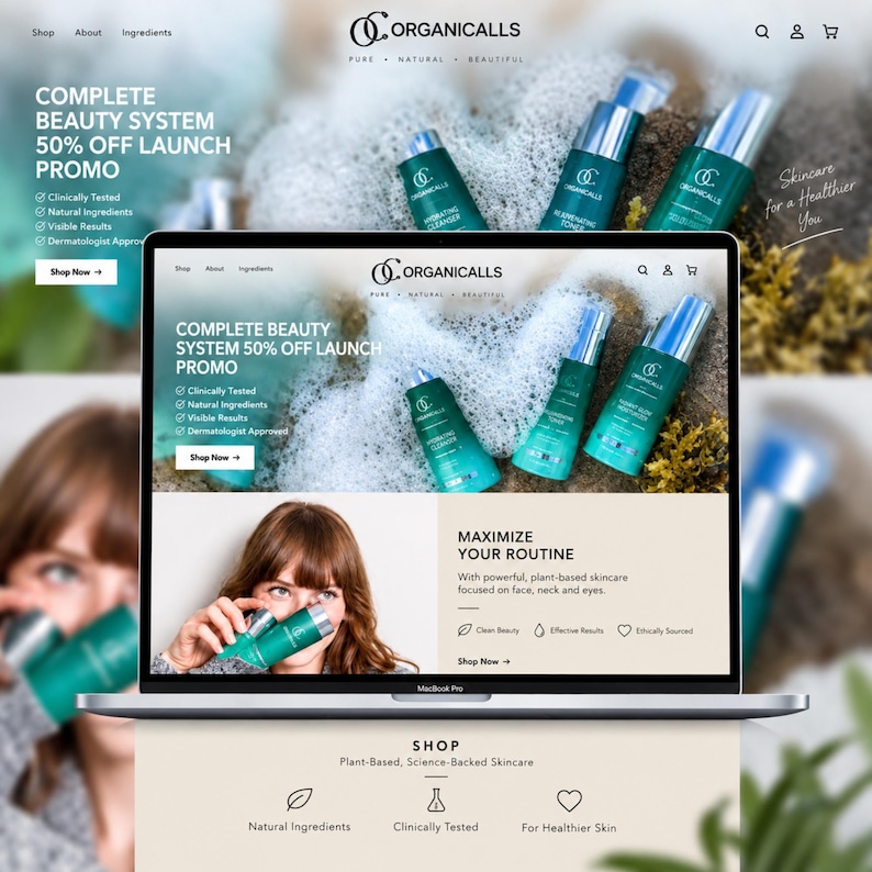 Może przedstawiać: Ekran laptopa wyświetlający stronę internetową Organicalls, prezentujący turkusowe butelki z produktami do pielęgnacji sk&oacute;ry, tekst o promocji systemu kosmetycznego oraz sekcję zatytułowaną Maximize Your Routine z roślinną pielęgnacją sk&oacute;ry.