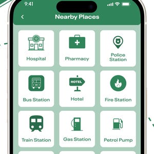 Puede incluir: Una pantalla de smartphone que muestra una interfaz verde y blanca titulada Nearby Places. El dise&ntilde;o de cuadr&iacute;cula presenta iconos y etiquetas para Hospital, Pharmacy, Police Station, Bus Station, Hotel, Fire Station, Train Station, Gas Station, Petrol Pump, Bank, ATM, Post Office, School, Library y Restaurant.