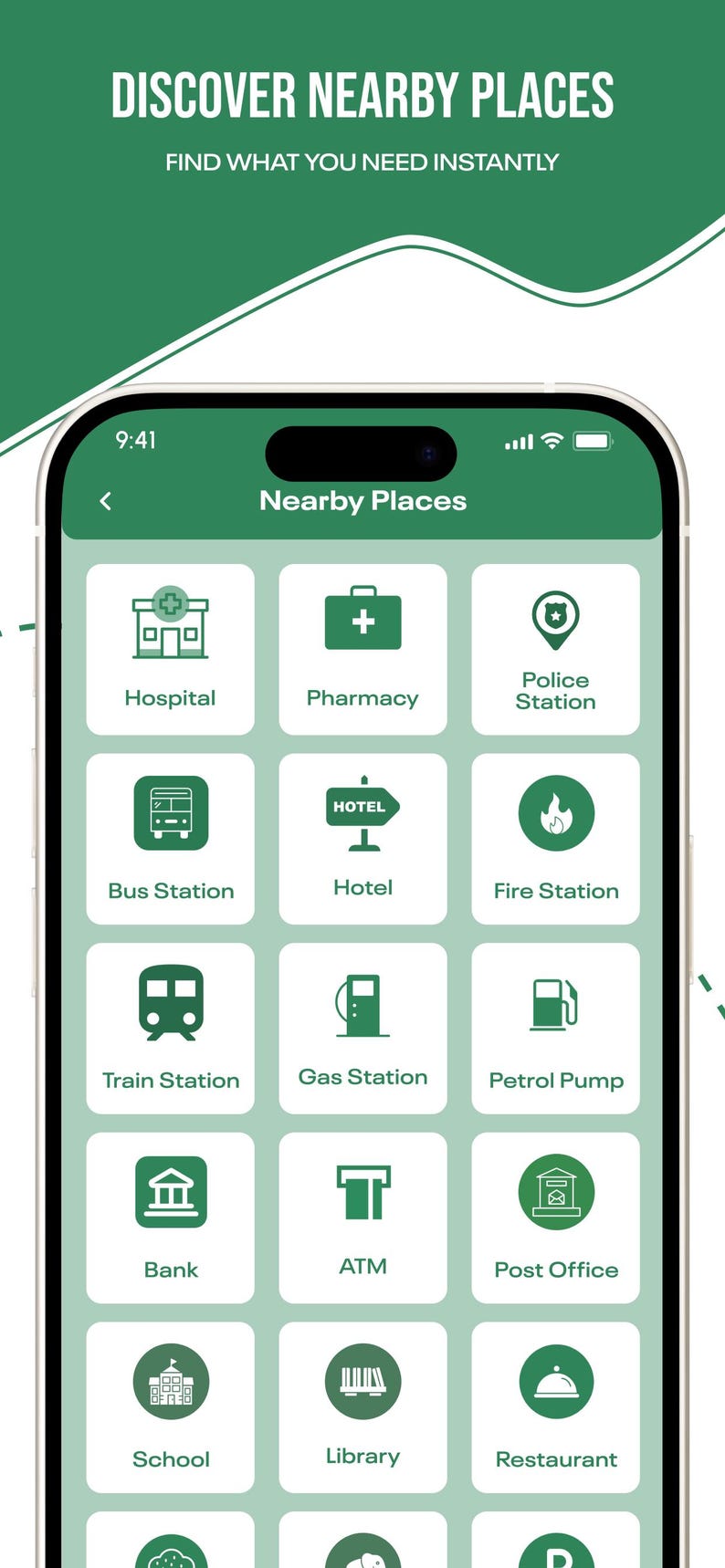 Puede incluir: Una pantalla de smartphone que muestra una interfaz verde y blanca titulada Nearby Places. El dise&ntilde;o de cuadr&iacute;cula presenta iconos y etiquetas para Hospital, Pharmacy, Police Station, Bus Station, Hotel, Fire Station, Train Station, Gas Station, Petrol Pump, Bank, ATM, Post Office, School, Library y Restaurant.