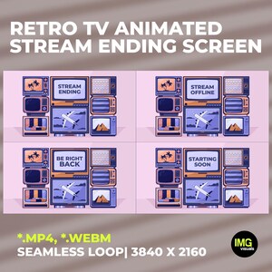 Op de afbeelding: Een digitale afbeelding met een retro tv-thema, met geanimeerde stream eindschermen. Het ontwerp bevat vintage televisies, een vliegtuig en tekst zoals "Stream Ending" en "Be Right Back". De achtergrond is lichtroze.