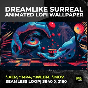 Puede incluir: Una obra de arte digital titulada DREAMLIKE SURREAL ANIMATED LOFI WALLPAPER que muestra un ojo grande enmarcado por manos azules, una pequeña copa con patrones y esferas rojas flotantes sobre un suelo de tablero de ajedrez. Formatos *.AEP, *.MP4, *.WEBM, *.MOV.