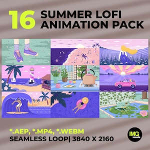 Pode incluir: Um pacote de arte digital intitulado "16 Summer Lofi Animation Pack" com várias cenas de verão. As cenas incluem uma praia, um surfista, um carro numa estrada e uma pessoa numa piscina. O pacote inclui arquivos .AEP, .MP4 e .WEBM.