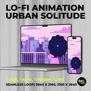 May include: A laptop and smartphone display a digital illustration of a person with a black umbrella in a city scene. The image has a purple and pink color scheme, with the text "LO-FI ANIMATION URBAN SOLITUDE". The image also includes file type and resolution information.