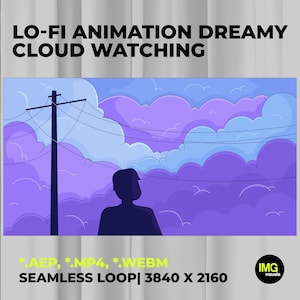May include: A digital illustration of a person looking up at a purple and blue sky filled with clouds. A telephone pole and wires are in the foreground. The text "LO-FI ANIMATION DREAMY CLOUD WATCHING" is at the top.