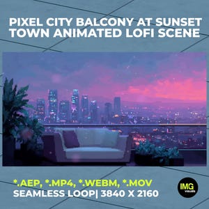 Pixel City Balcony at Sunset | Animated Lofi Desktop Wallpaper | Vaporwave Skyline 4K Stream Background | Looped Animation