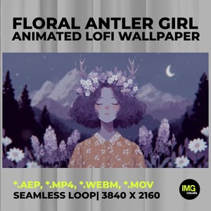 May include: Animated lofi wallpaper featuring a girl with floral antlers and a flower crown. The illustration has a dreamy aesthetic with a purple and yellow color palette, a mountain backdrop, and the text "FLORAL ANTLER GIRL ANIMATED LOFI WALLPAPER".