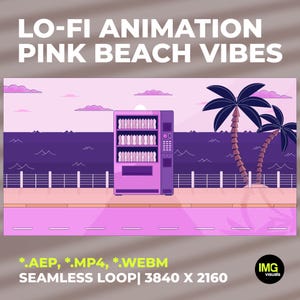 May include: A digital illustration of a pink beach scene featuring a vending machine, palm trees, and ocean waves. The text "LO-FI ANIMATION PINK BEACH VIBES" is at the top. The image is a seamless loop with a resolution of 3840 x 2160.