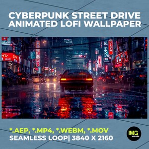 Puede incluir: Un fondo de pantalla digital animado titulado CYBERPUNK STREET DRIVE ANIMATED LOFI WALLPAPER que muestra un coche en una calle urbana lluviosa de noche con letreros de neón rojos y reflejos. Incluye formatos *.AEP, *.MP4, *.WEBM, *.MOV y 3840 X 2160.