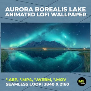 以下が含まれることがあります： AURORA BOREALIS LAKE ANIMATED LOFI WALLPAPERというタイトルのアニメーションデジタル壁紙。ターコイズブルーのオーロラの下、湖に山脈が反射している様子が描かれています。*.AEP、*.MP4、*.WEBM、*.MOV形式および3840 X 2160の解像度が含まれています。