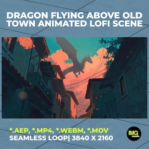 Dragon Flying Above Old Town | Animated Lofi Desktop Wallpaper | Anime Fantasy City 4K Screensaver Video | Looped Animation