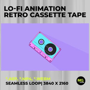 May include: A pink and teal retro cassette tape illustration on a purple background. The image features the text "LO-FI ANIMATION RETRO CASSETTE TAPE" and file type information.