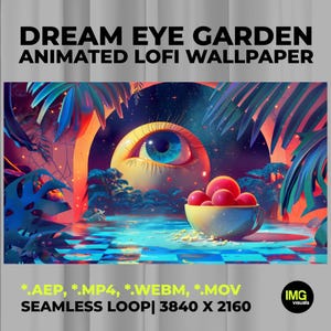 Peut inclure: Illustration numérique intitulée DREAM EYE GARDEN ANIMATED LOFI WALLPAPER montrant un grand œil bleu centré dans une arche cosmique au-dessus d'une tasse remplie de sphères rouges. Le premier plan présente un sol à damier bleu et des feuilles tropicales.