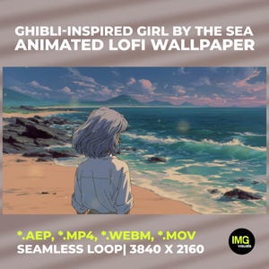 May include: Animated digital wallpaper featuring a Ghibli-inspired girl by the sea. The artwork depicts a serene beach scene with a girl facing the ocean. The text reads "Ghibli-Inspired Girl by the Sea Animated Lofi Wallpaper". The image is a seamless loop, 3840 x 2160.