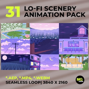 Pode incluir: Um pacote de arte digital com nove animações de paisagens lo-fi. As animações apresentam cenas como um lago, campos, um comboio e um banco de parque. O número "31" está no canto superior esquerdo, e o texto "LO-FI SCENERY ANIMATION PACK" está no topo.