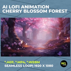 Könnte beinhalten: KI-generierte Animation eines Kirschblütenwaldes. Das Bild zeigt einen Weg durch einen Wald mit rosa Kirschblütenbäumen und einem Bach. Der Text auf dem Bild lautet "AI LOFI ANIMATION CHERRY BLOSSOM FOREST" und enthält Informationen zum Dateityp.