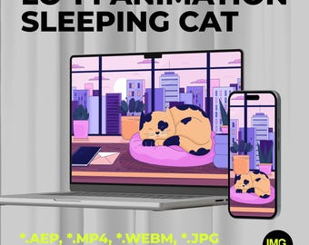 Lofi sovande katt animationsloop | Mysigt stadsfönster med husdjurslur | Vertikalt, horisontellt animerat Lo Fi-paket för studier och avkoppling