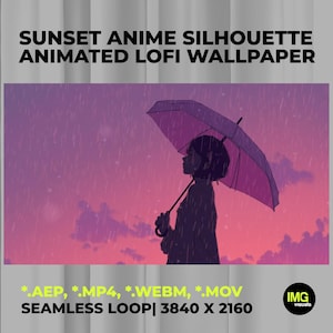 Regnig solnedgång anime-silhuett | Animerad Lofi-skrivbordsbakgrund | Rosa regnhimmel 4K skärmsläckare | Loopad animation