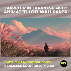 以下が含まれることがあります： 「日本の野原の旅人」と題されたアニメーションのロフィ壁紙。伝統的な衣装を着た人物が、高いピンク色の草の野原を山に向かって歩いている様子が描かれています。空は青とピンクの混合色です。