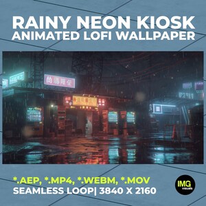 Może przedstawiać: Cyfrowa animacja zatytułowana RAINY NEON KIOSK ANIMATED LOFI WALLPAPER. Scena przedstawia ciemną, deszczową ulicę w nocy ze świecącymi niebieskimi, czerwonymi i żółtymi neonami, automatami sprzedającymi i liniami energetycznymi. Formaty .AEP, .MP4, .WEBM, .MOV, rozdzielczość 3840 x 2160.
