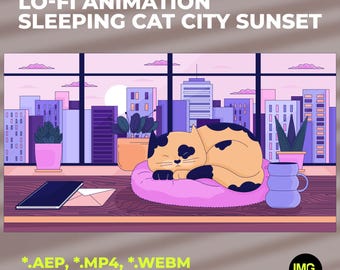 Lofi Animation Sleeping Cat City Sunset | Urban Cozy Kitty Nap | Lo-Fi Seamless Loop Video for Stream, YouTube, Twitch, OBS | Live Wallpaper