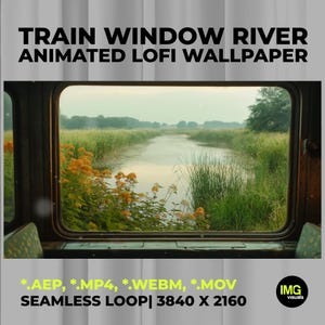 Puede incluir: Un fondo de pantalla animado digital titulado TRAIN WINDOW RIVER ANIMATED LOFI WALLPAPER. La vista a través de una ventana de tren muestra un río con juncos verdes y flores amarillas. Formatos *.AEP, *.MP4, *.WEBM, *.MOV, SEAMLESS LOOP, 3840 X 2160.