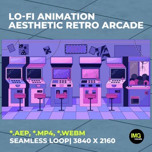 May include: A digital illustration of a retro arcade, featuring several game machines in a purple-toned room. The text "LO-FI ANIMATION AESTHETIC RETRO ARCADE" is at the top. The text below reads "*.AEP, *.MP4, *.WEBM SEAMLESS LOOP | 3840 X 2160".