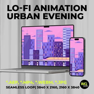 Puede incluir: Un portátil y un smartphone muestran una ilustración digital de un horizonte urbano en tonos morados y rosas. El texto "LO-FI ANIMATION URBAN EVENING" está en la parte superior. Detalles del tipo de archivo y resolución debajo. El logotipo de IMG visuals está abajo a la derecha.